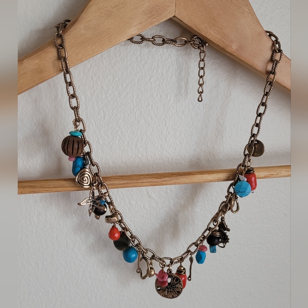 Sealife Chunky Charm Necklace, Ocean Themed Charms of Turquoise, Red & Brass.